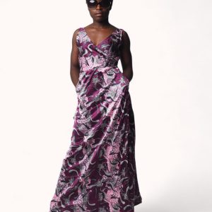 Vestido cruzado satinada wax print lila