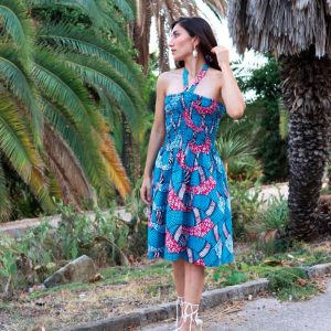 Vestido fruncido tela wax estampada