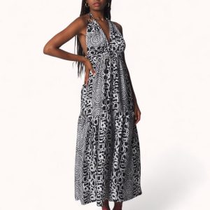 Vestido largo estampado tela satinada batik blanco y negro
