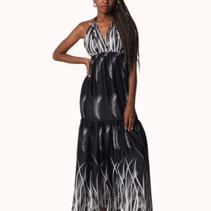 Vestido largo satinado negro palmeras