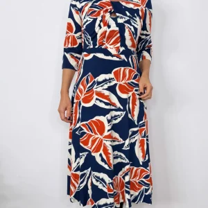 Vestido largo de cuello fruncido con estampado floral Azul Oscuro – NARA