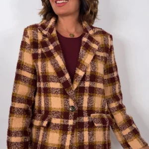 Blazer textura bouclé con estampado de cuadros MELOCOTÓN